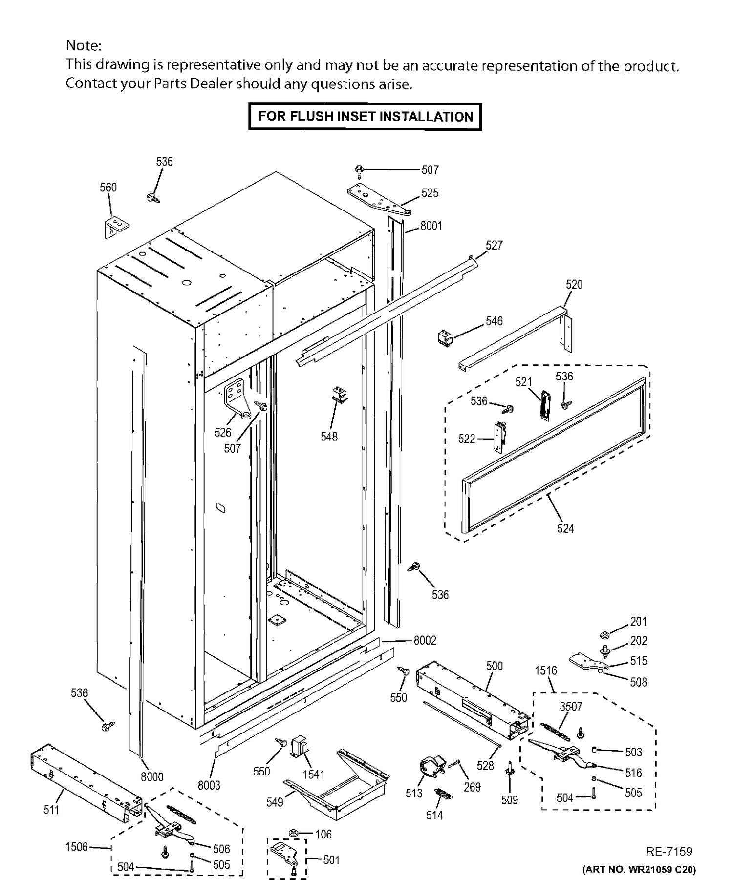 CASE PARTS - FLUSH INSET Diagram and Parts List for ZIS480NHC  General Electric Refrigerator