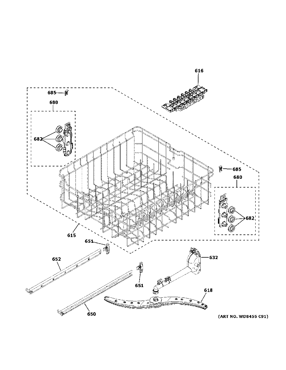 Upper Rack Assembly Diagram and Parts List for GDT550PGR0WW  General Electric Dishwasher