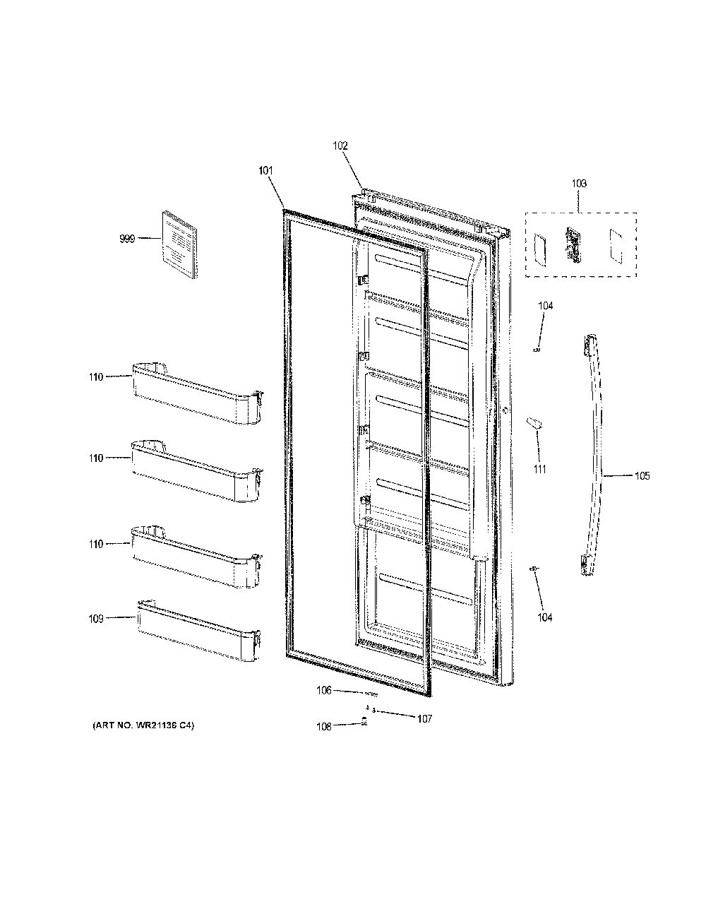 Door Diagram and Parts List for FUF14SMREWW  General Electric Freezer