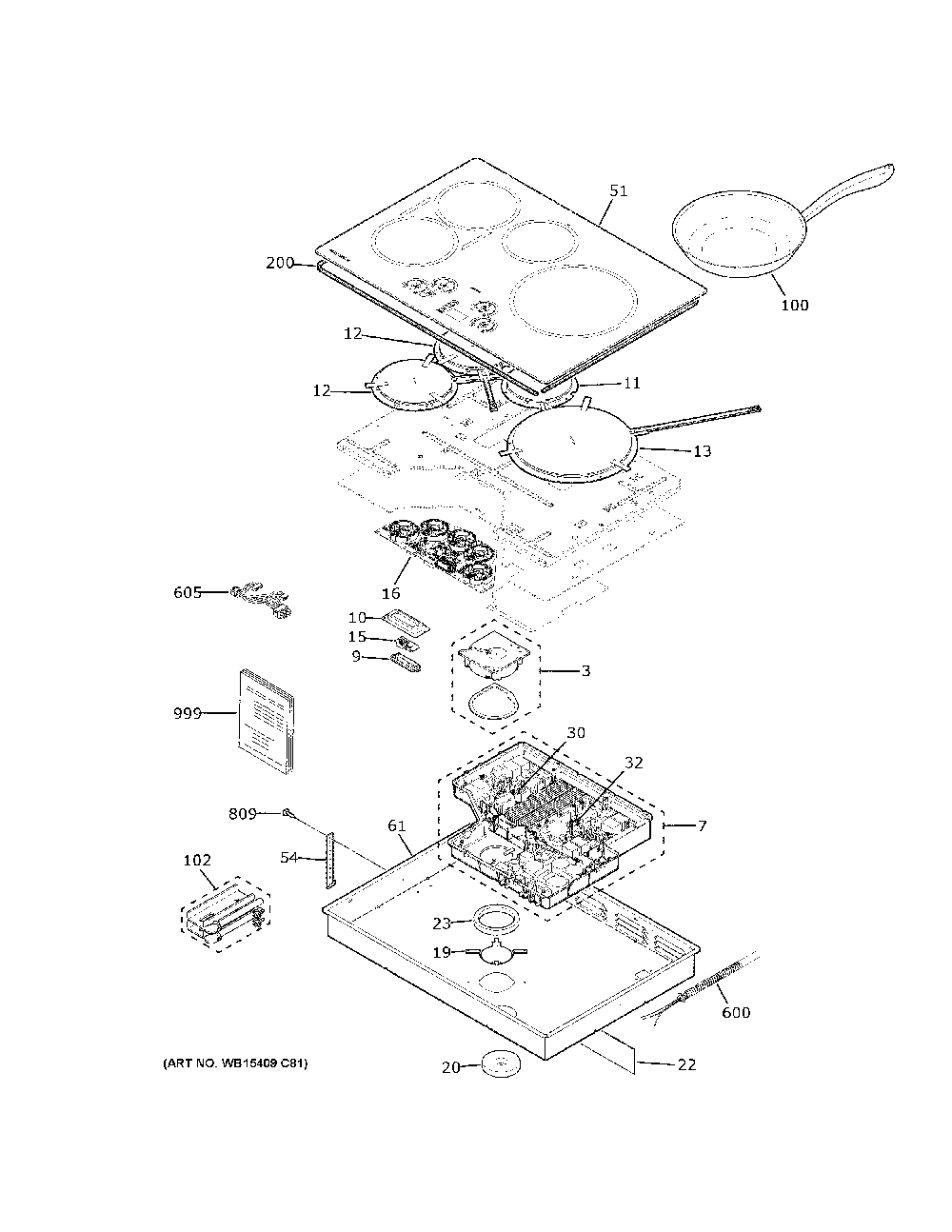Control Panel And Cooktop Diagram and Parts List for ZHU30RDT1BB  General Electric Cooktop