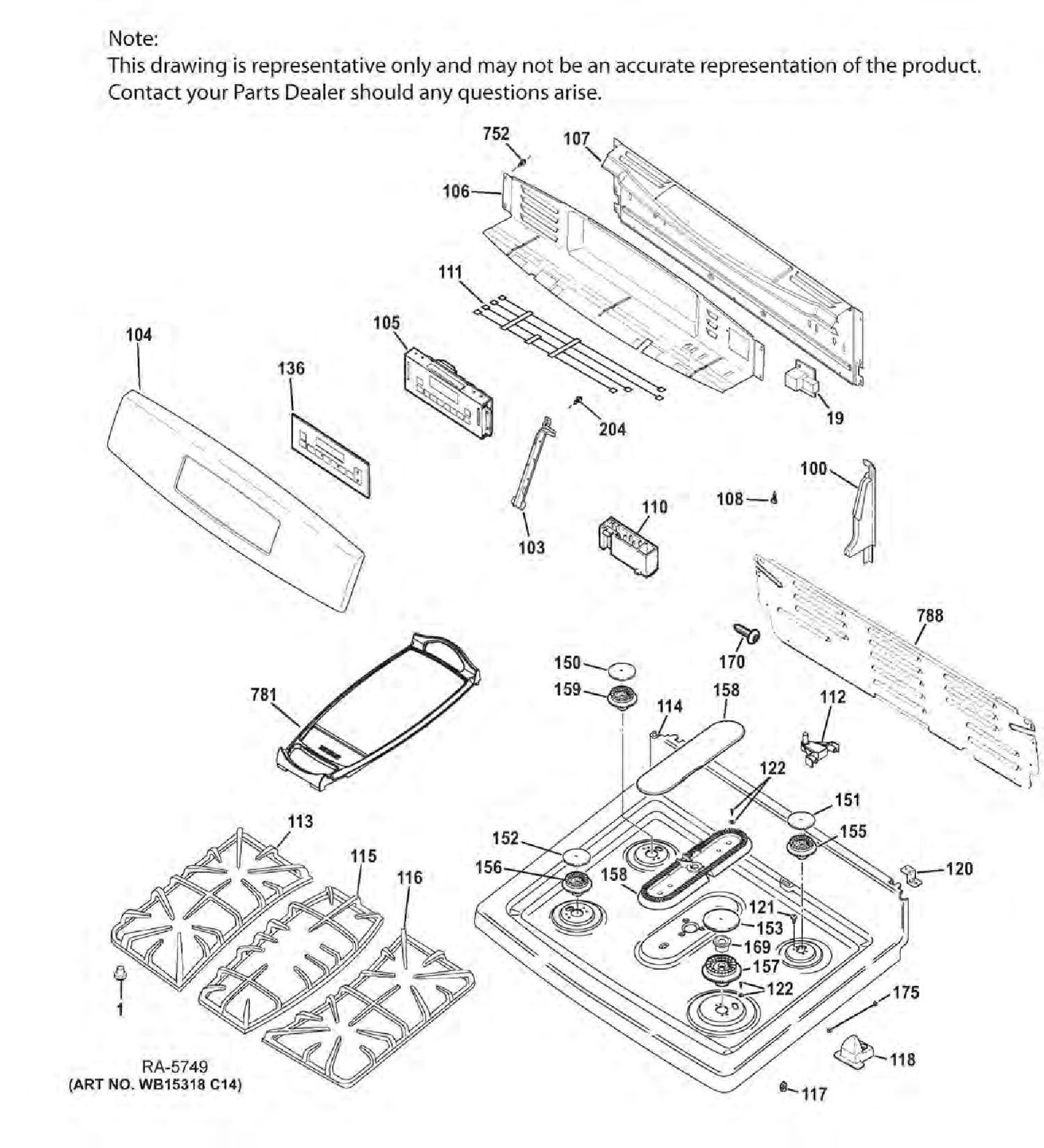CONTROL PANEL & COOKTOP Diagram and Parts List for JCGB750SEF2SS  General Electric Range