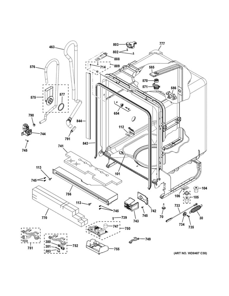 Body Parts 1 Diagram and Parts List for GDT630PSM0SS  General Electric Dishwasher