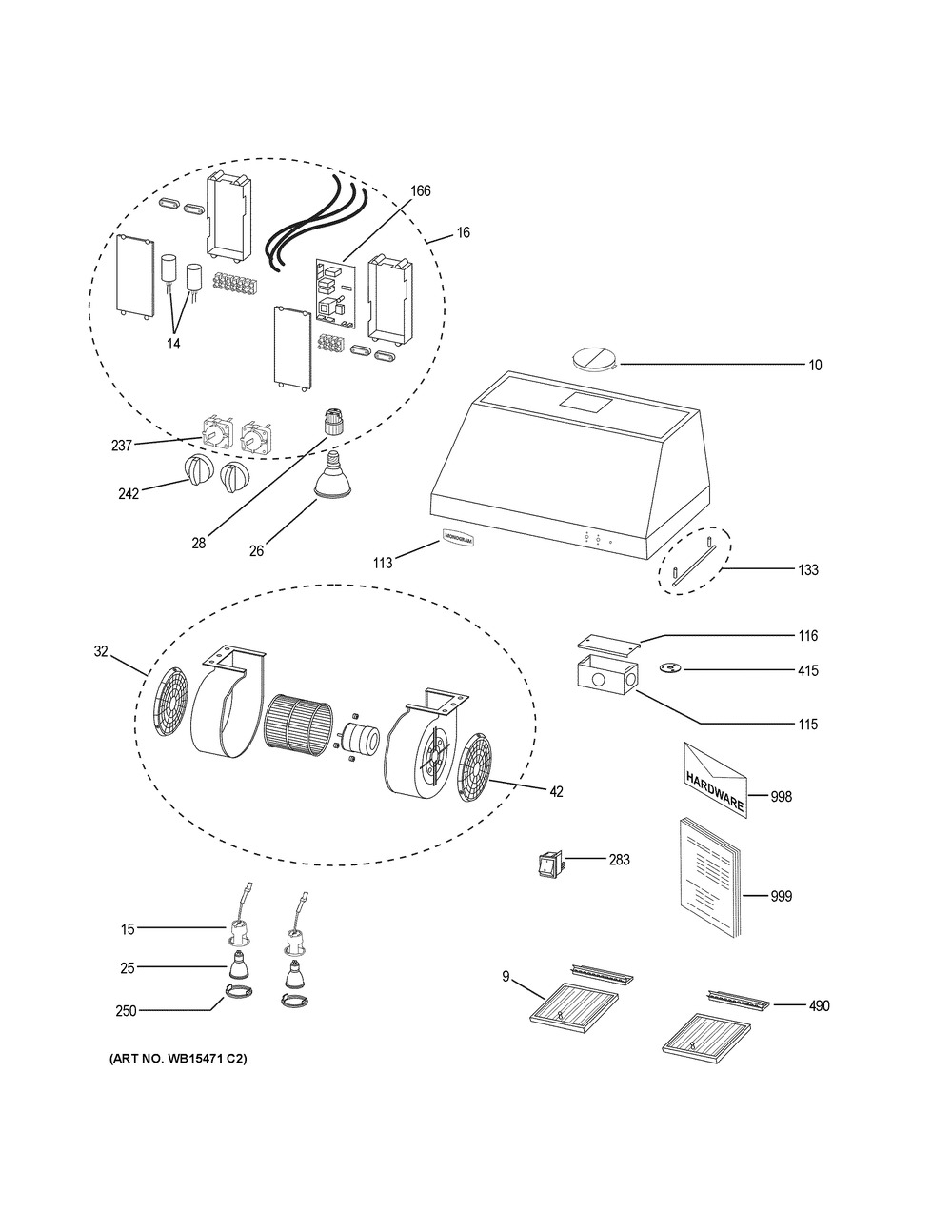 Range Hood Diagram and Parts List for ZV36SSJ3SS  General Electric Range Hood