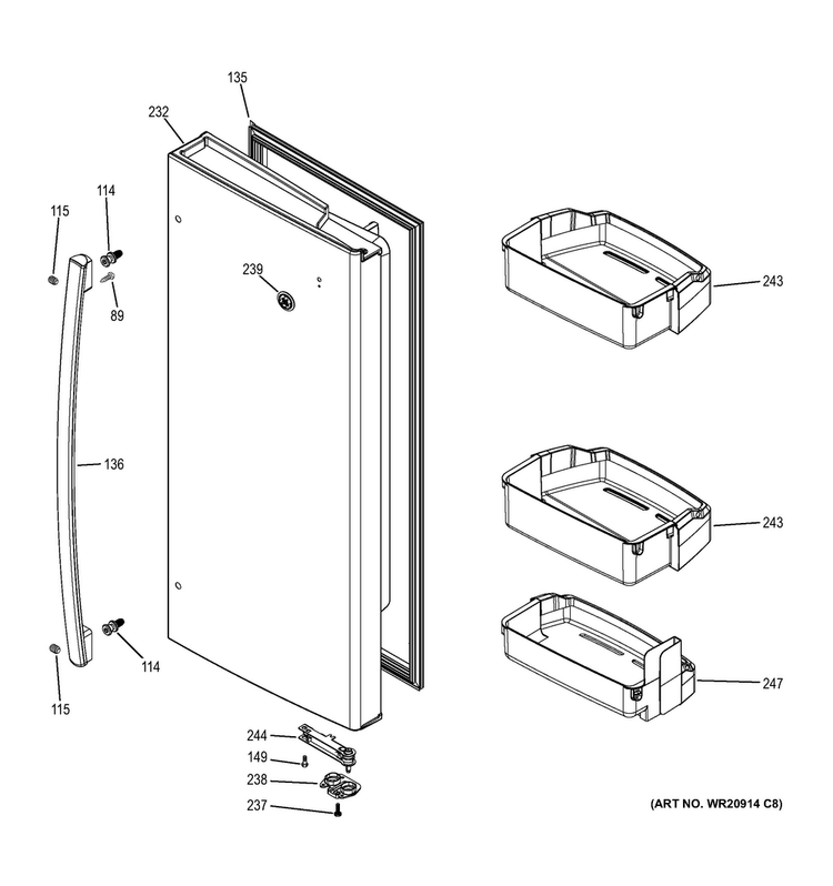 Fresh Food Door - Rh Diagram and Parts List for GFE26GGHCBB  General Electric Refrigerator