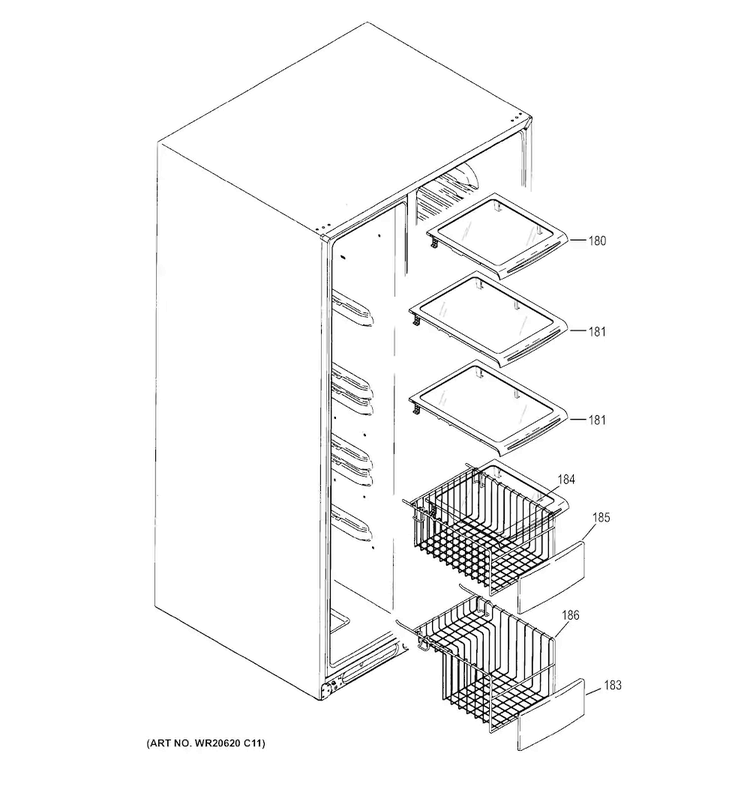 Freezer Shelves Diagram and Parts List for GSE25HMHES  General Electric Refrigerator