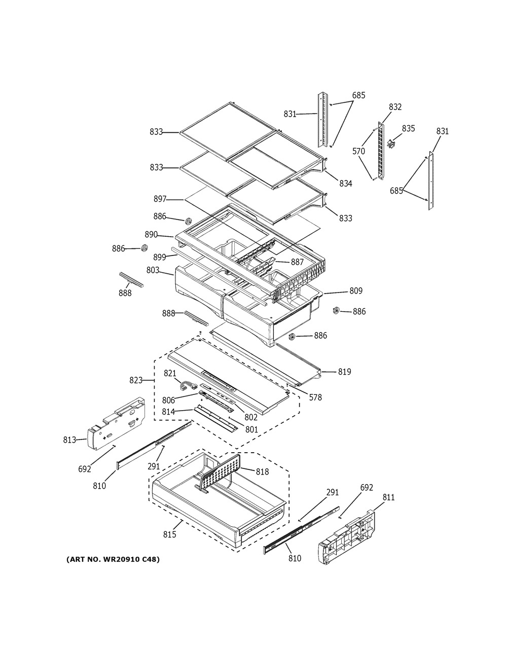 Fresh Food Shelves Diagram and Parts List for GFE28HMKKES  General Electric Refrigerator
