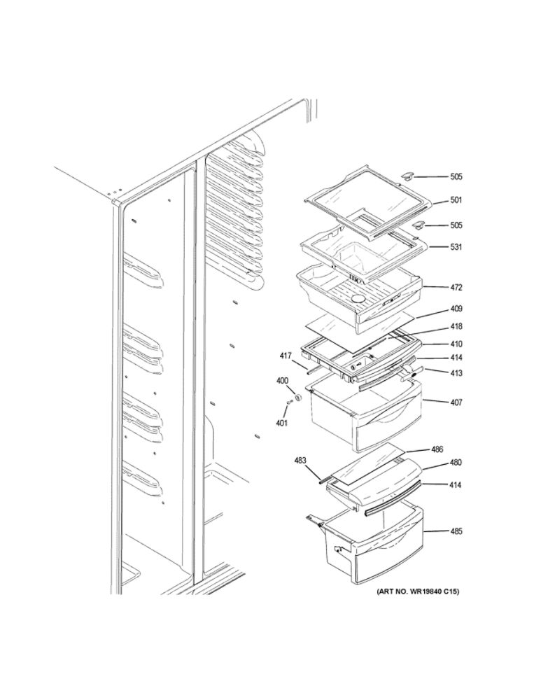 Fresh Food Shelves Diagram and Parts List for GSE23GGKJCWW  General Electric Refrigerator