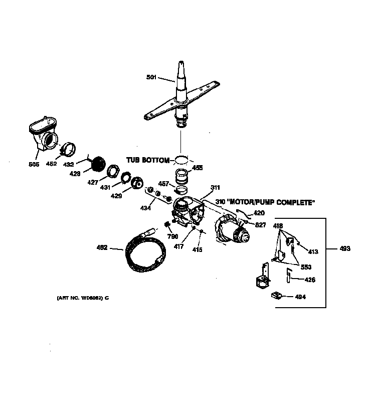 Motor-pump Mechanism Diagram and Parts List for 36314081991  General Electric Dishwasher