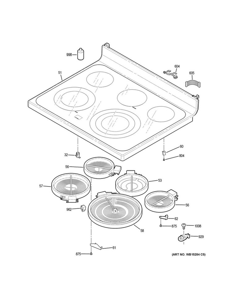 Cooktop Diagram and Parts List for JB755SJ3SS  General Electric Range
