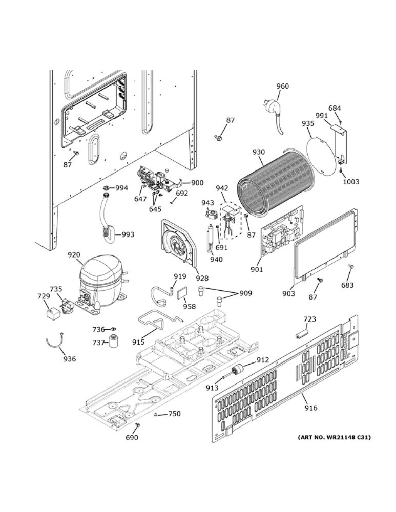 Machine Compartment Diagram and Parts List for ZWE23PSNCSS  General Electric Refrigerator