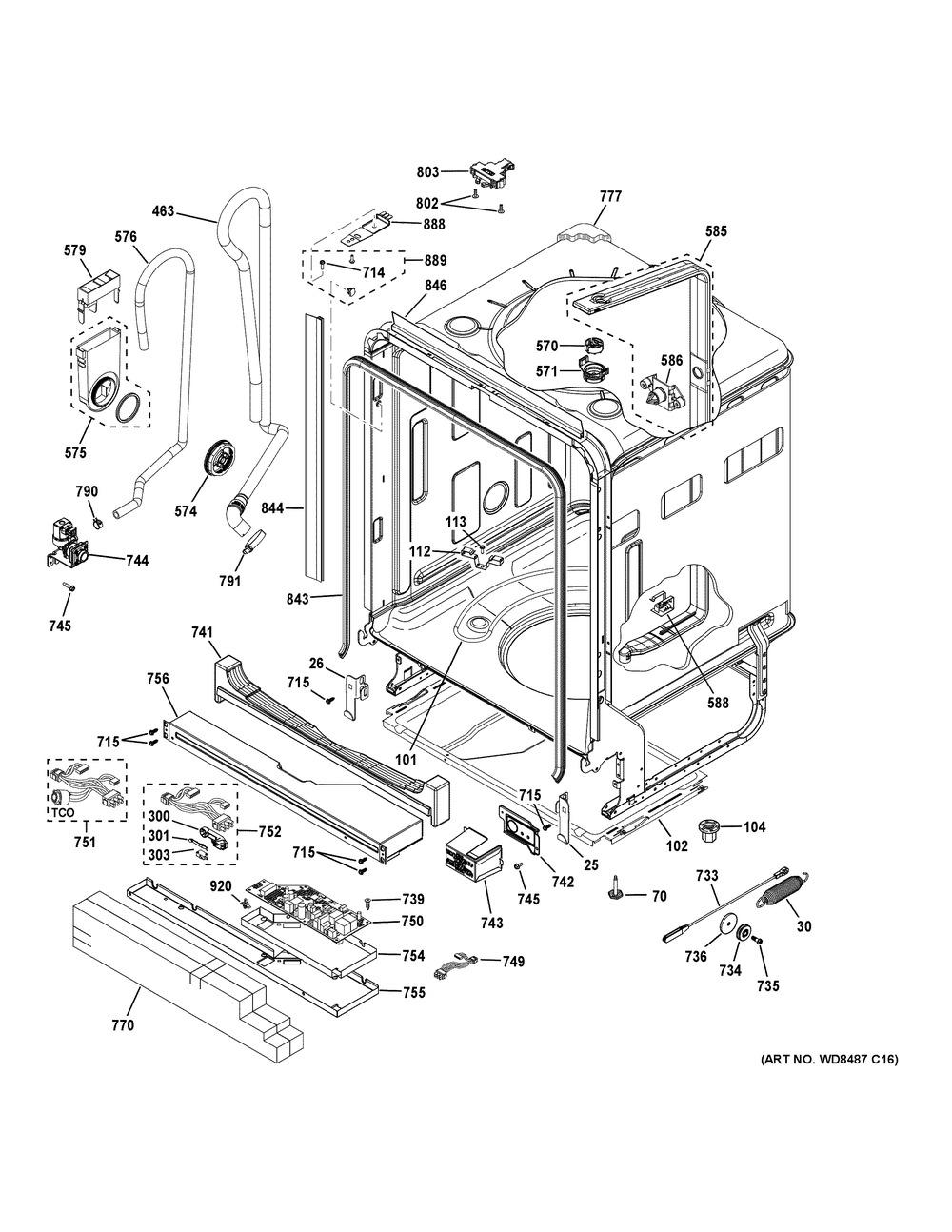 Body Parts Diagram and Parts List for GDT655SSJ4SS  General Electric Dishwasher