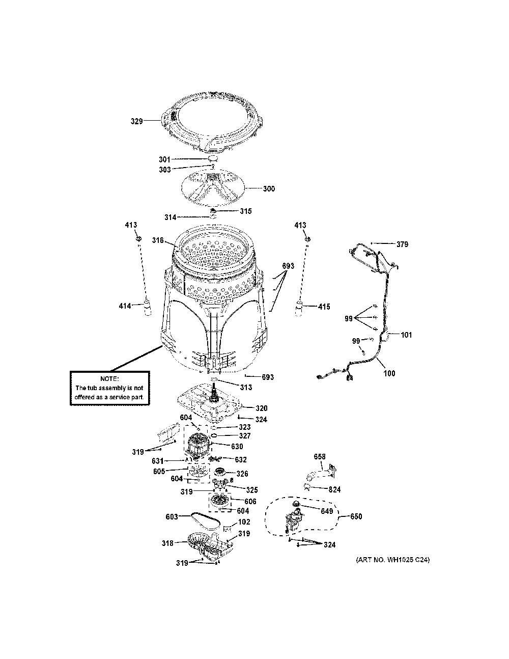 Tub And Motor Diagram and Parts List for GTW500ASN1WS  General Electric Washer