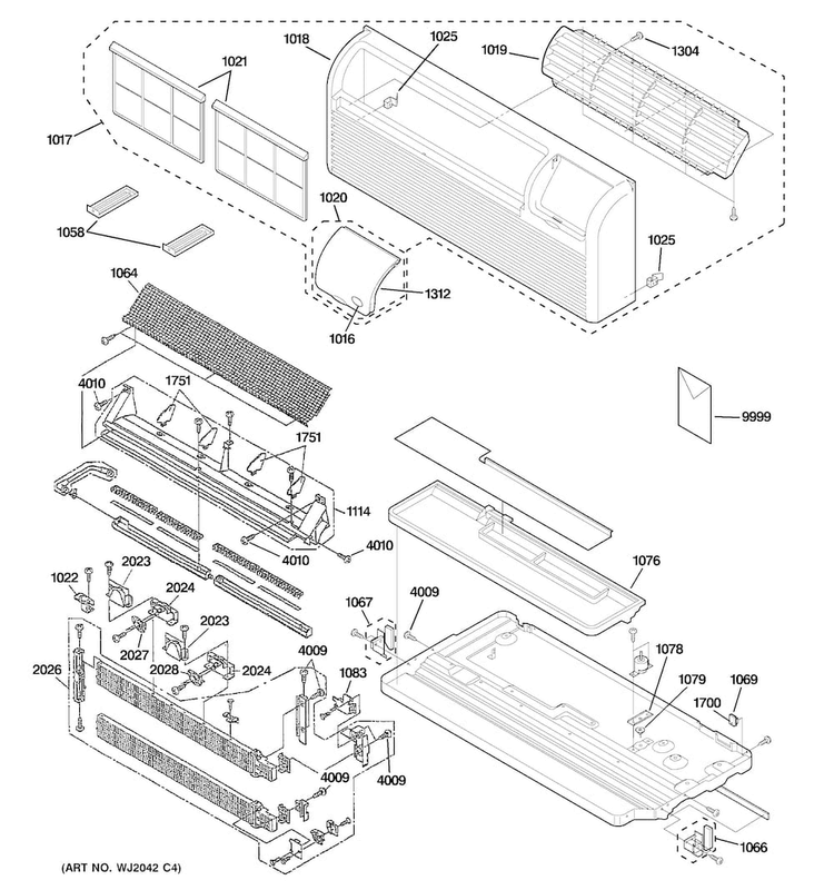 Grille, Heater & Base Pan Parts Diagram and Parts List for AZ41E09DABW5  General Electric Air Conditioner