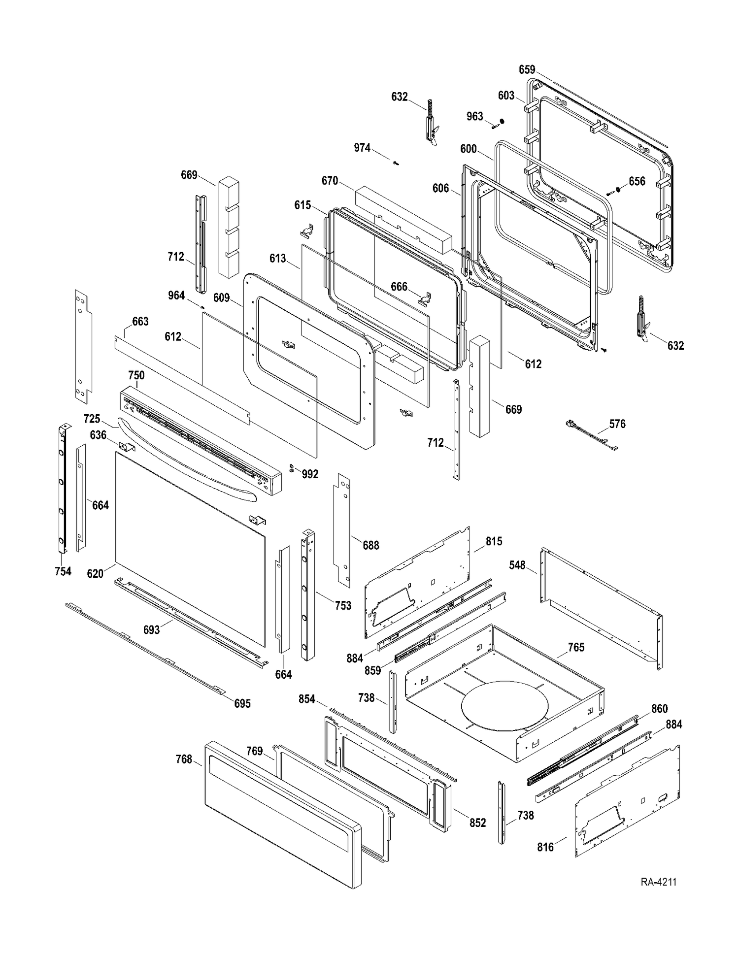 DOOR-DRAWER Diagram and Parts List for JCBP840DT1WW  General Electric Range