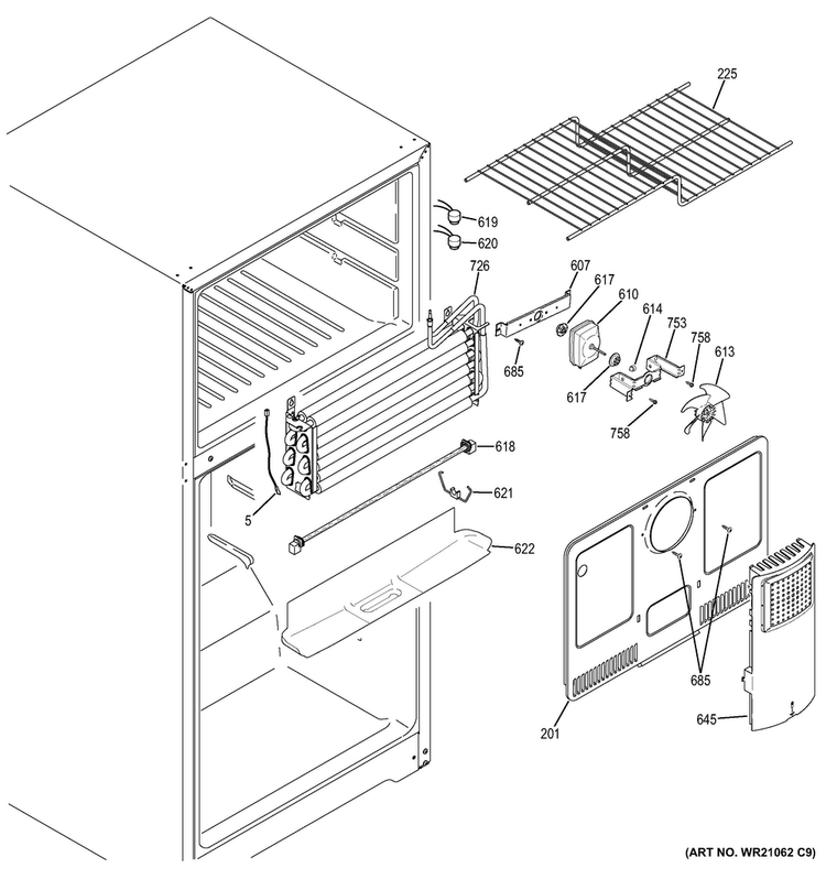 Freezer Section Diagram and Parts List for GIE18ETHCRBB  General Electric Refrigerator