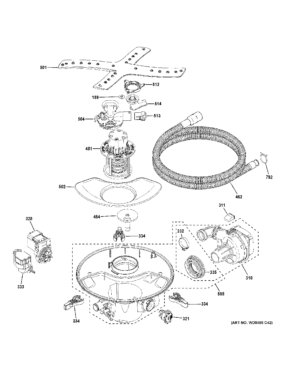 Motor, Sump And Filter Assembly Diagram and Parts List for CDT805P2N8S1  General Electric Dishwasher
