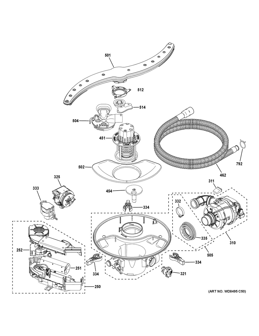 Motor, Sump And Filter Assembly Diagram and Parts List for ZDT925SPNBSS  General Electric Dishwasher