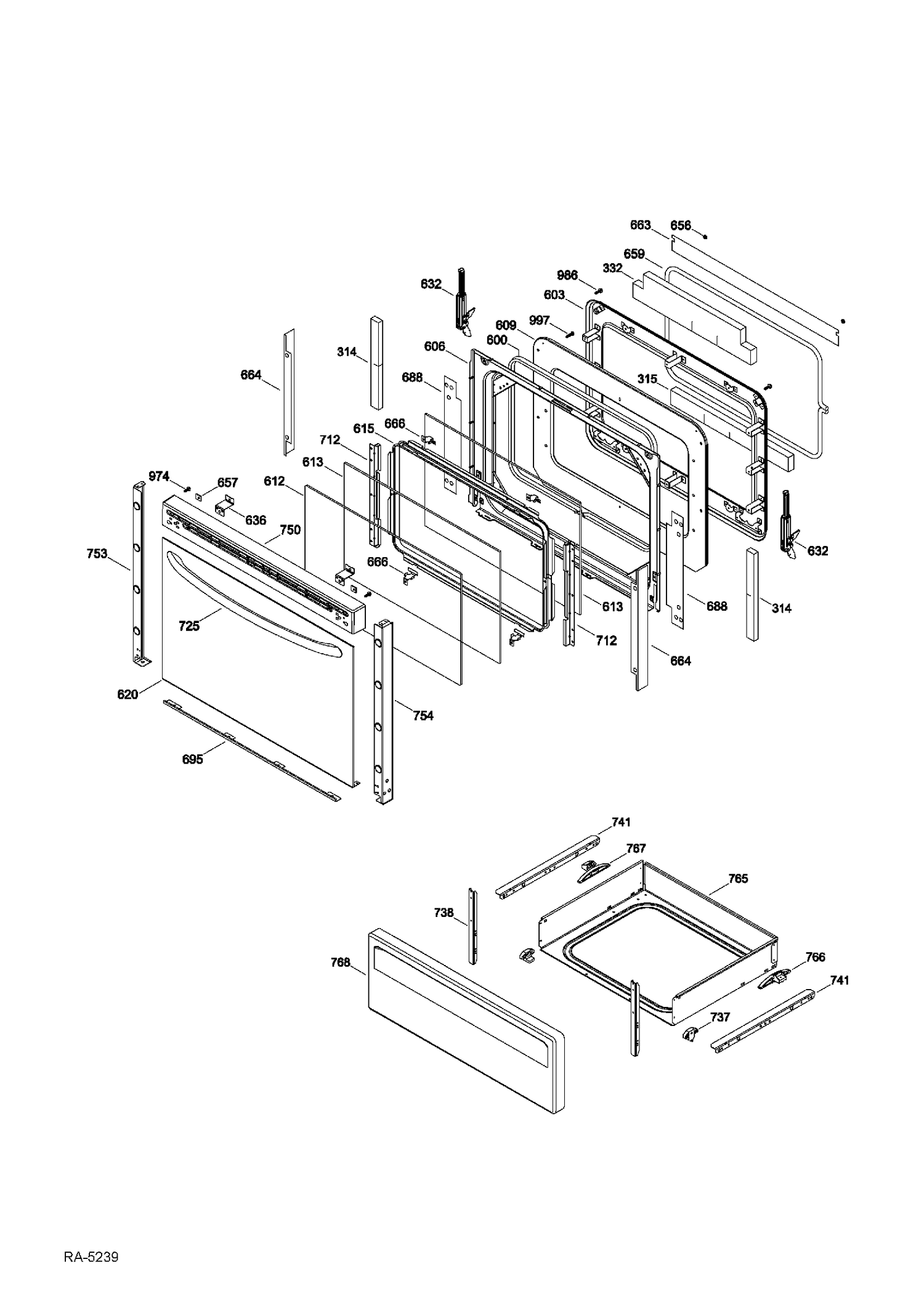 DOOR & DRAWER Diagram and Parts List for JCB530DF1WW  General Electric Range