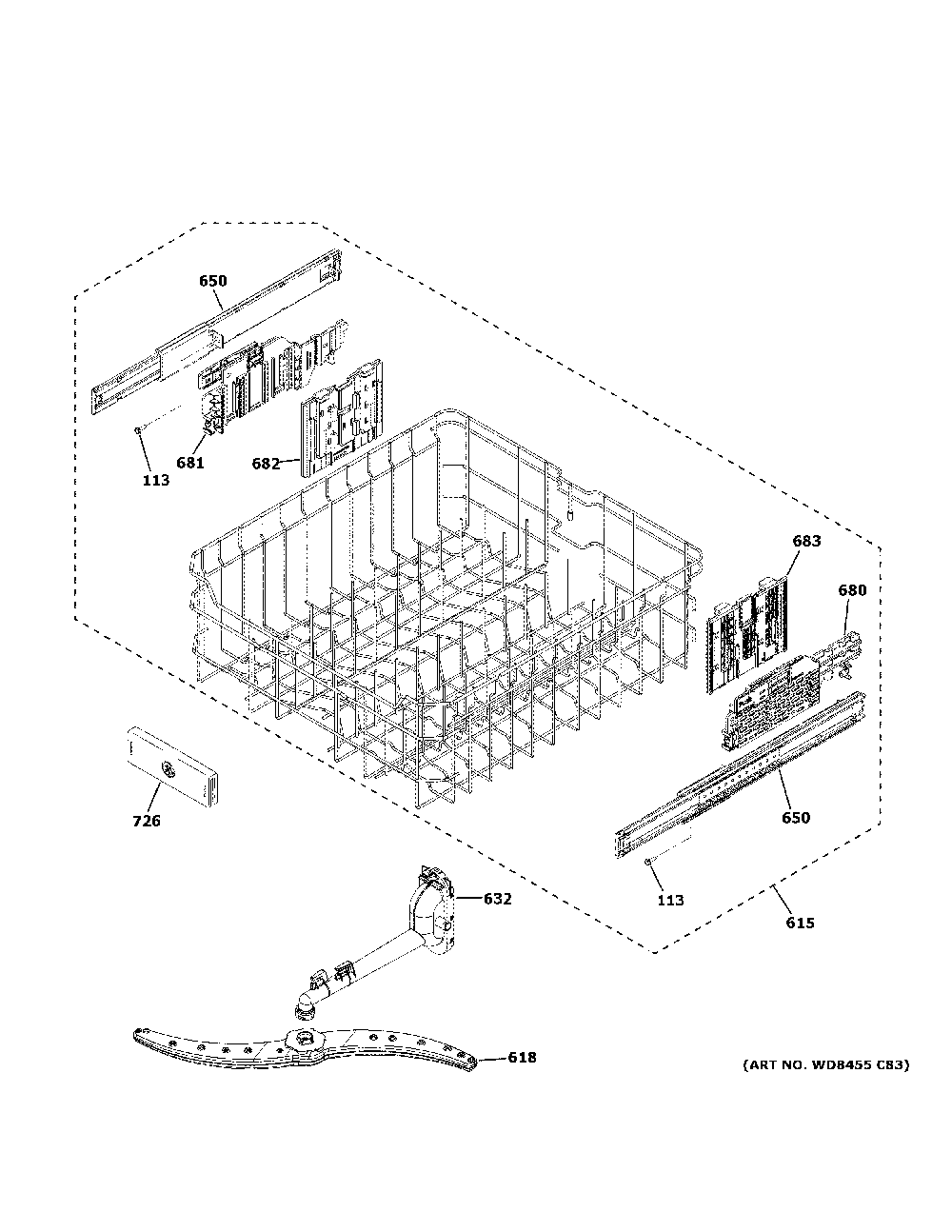 Upper Rack Assembly Diagram and Parts List for DDT700SBN5TS  General Electric Dishwasher