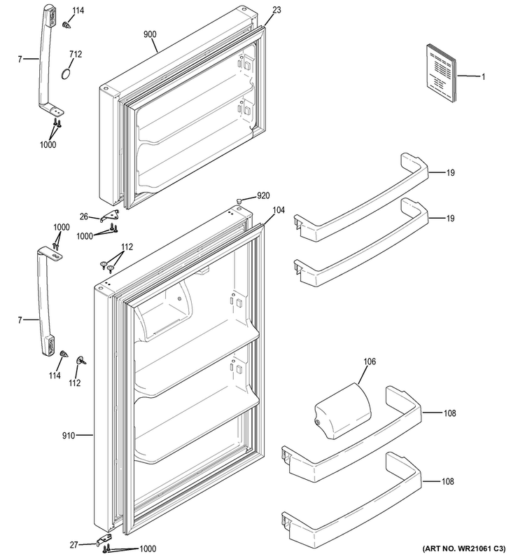 Doors Diagram and Parts List for GIE16DGHHRBB  General Electric Refrigerator