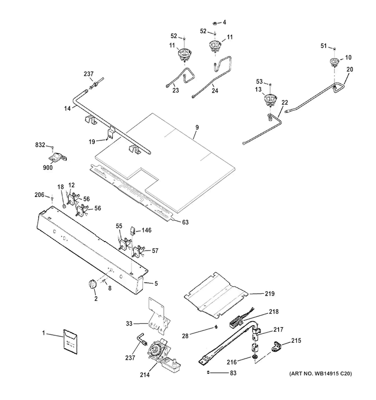 Gas & Burner Parts Diagram and Parts List for RGB530DEH1BB  Hotpoint Range