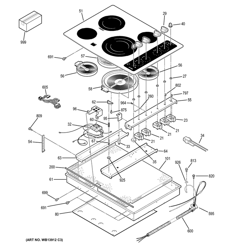 Control Panel & Cooktop Diagram and Parts List for PP912SM4SS  General Electric Cooktop
