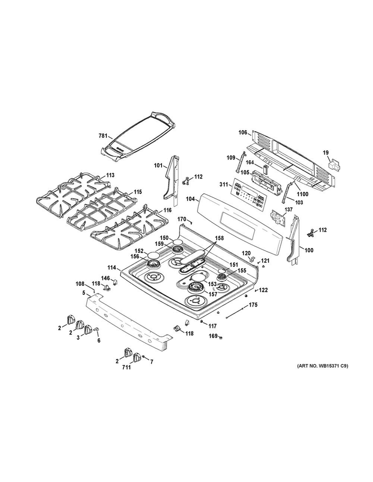 Control Panel & Cooktop Diagram and Parts List for JGB850DEF3BB  General Electric Range