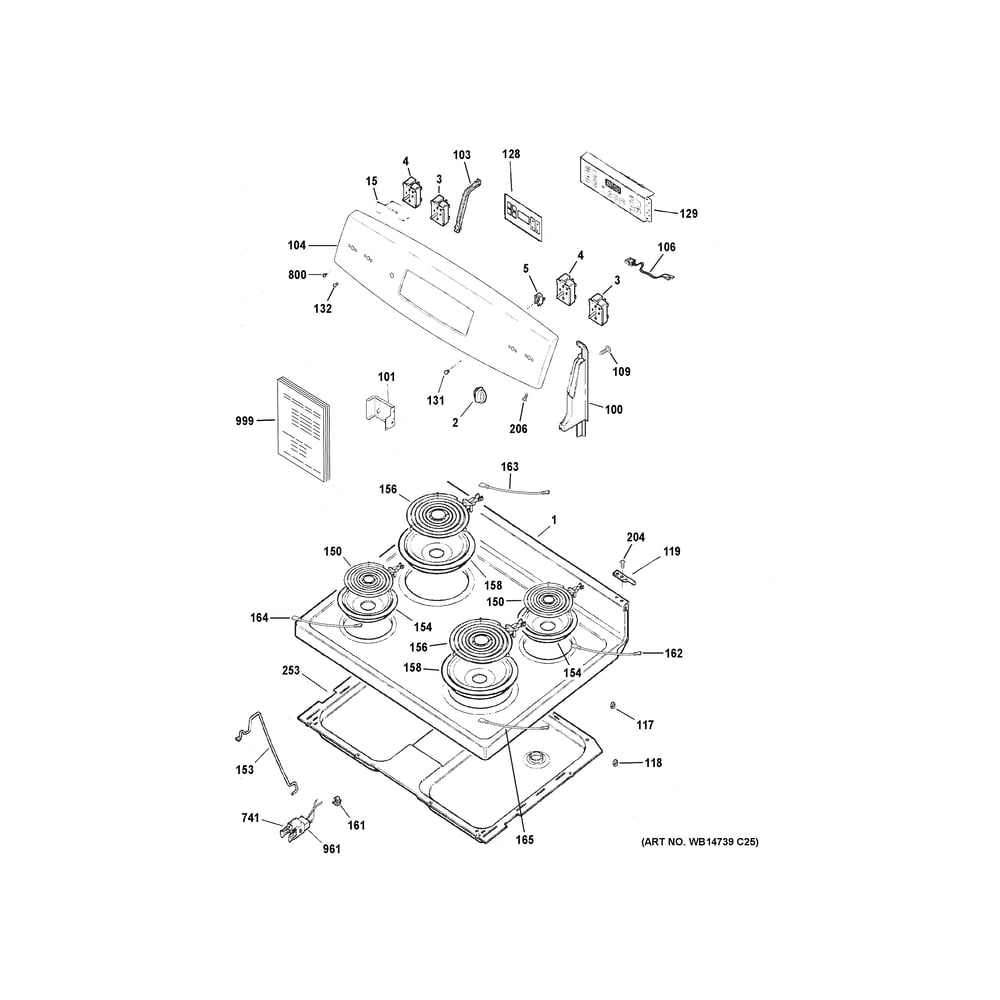 Control Panel And Cooktop Diagram and Parts List for JB256RT3SS  General Electric Range