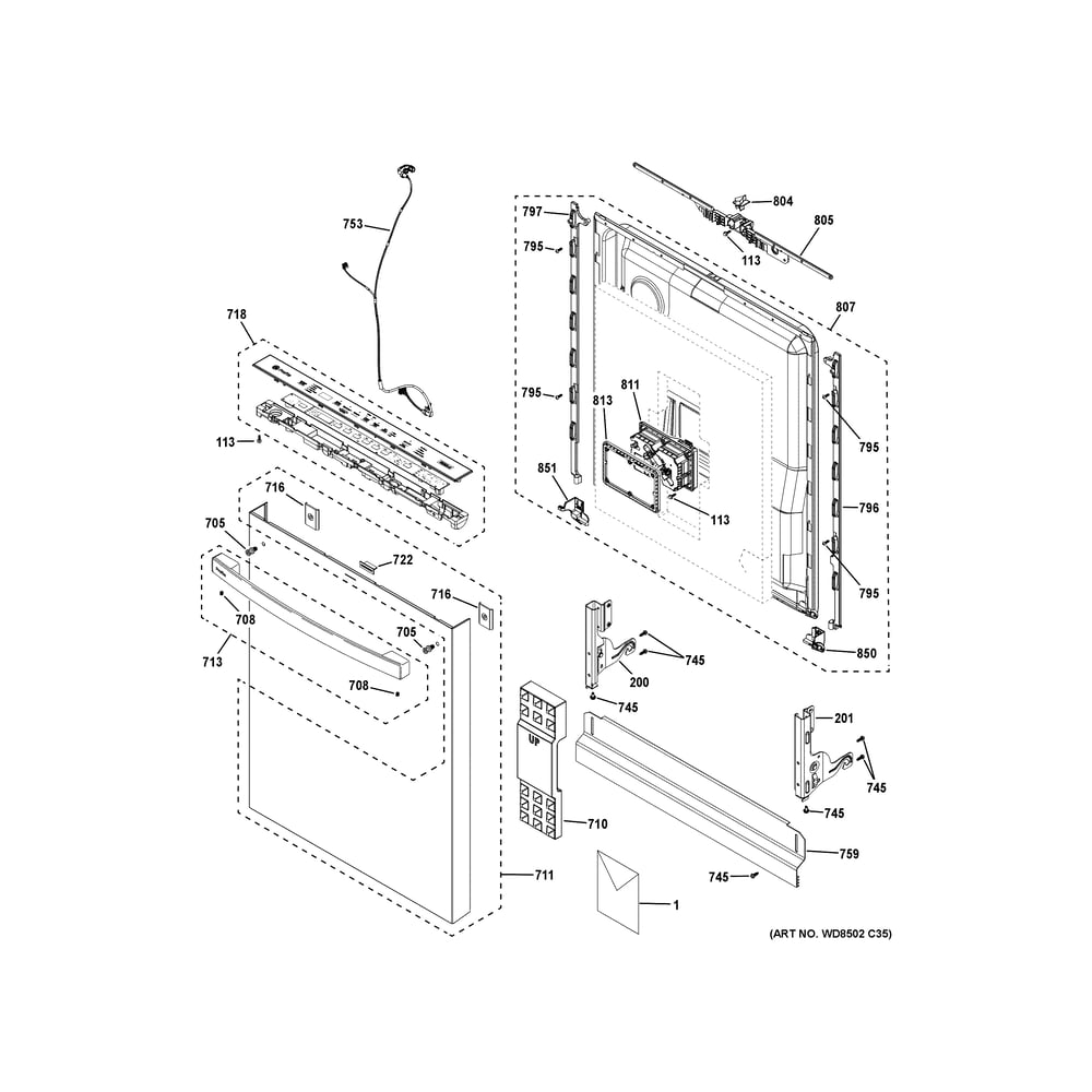 Escutcheon And Door Assembly Diagram and Parts List for PDT715SYV3FS  General Electric Dishwasher
