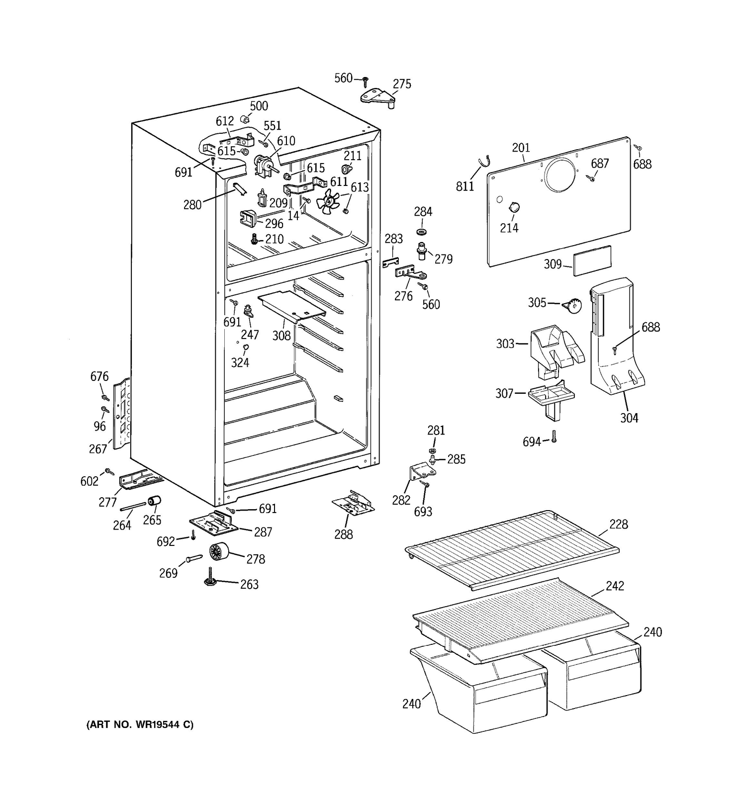 CABINET Diagram and Parts List for CTS18ABRFRWW  General Electric Refrigerator