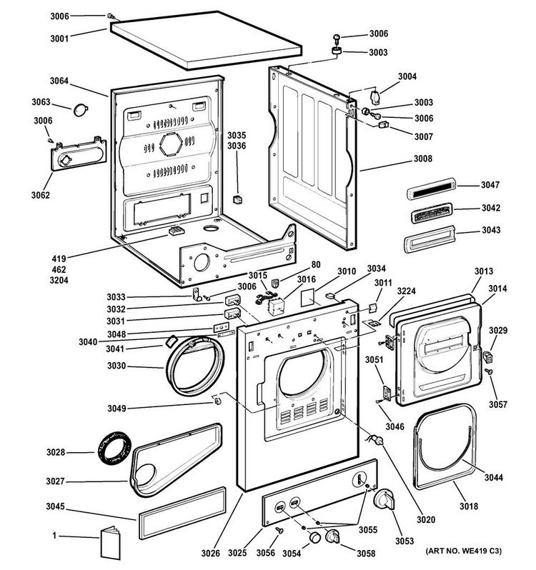 Backsplash, Cabinet & Front Panel Diagram and Parts List for DSKS433EB6WW  General Electric Dryer