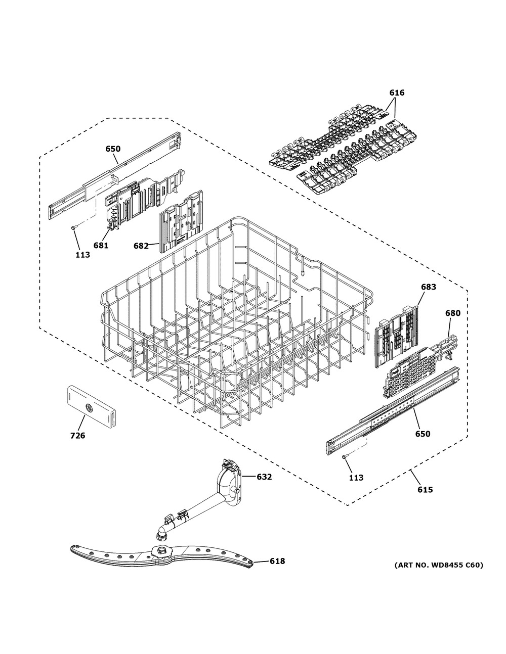 Upper Rack Assembly Diagram and Parts List for DDT700SBN0TS  General Electric Dishwasher