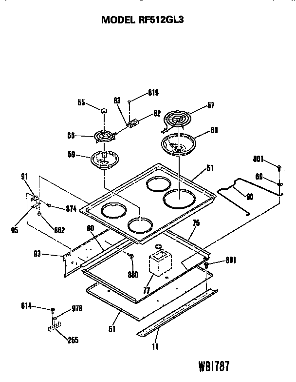 Cooktop Diagram and Parts List for RF512G13  Hotpoint Range