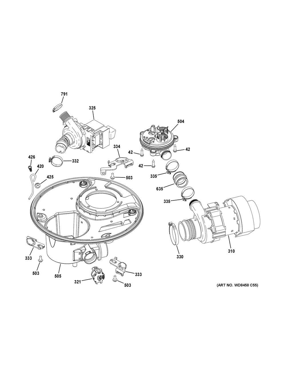 Sump & Motor Mechanism Diagram and Parts List for CDT836P2M5S1  General Electric Dishwasher