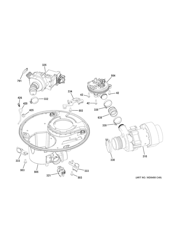 Sump & Motor Mechanism Diagram and Parts List for CDT835SSJ0SS  General Electric Dishwasher