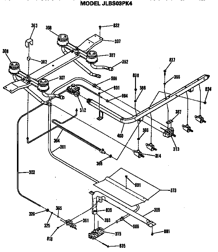 Burner Assembly Diagram and Parts List for JLBS03PK4  General Electric Range