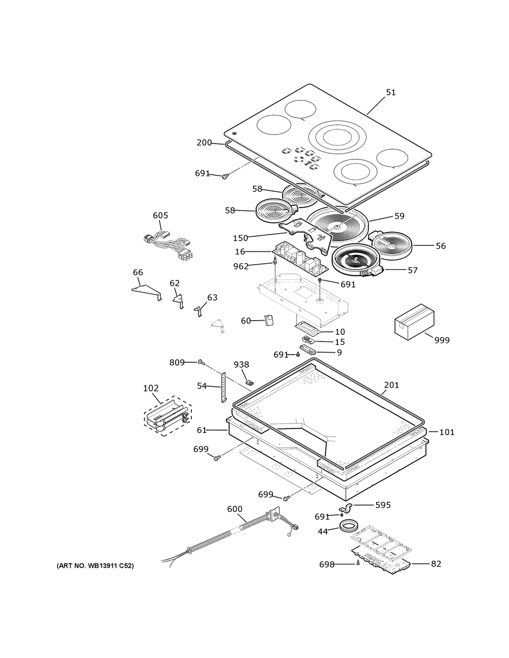 Control Panel And Cooktop Diagram and Parts List for PEP7036DT1BB  General Electric Cooktop