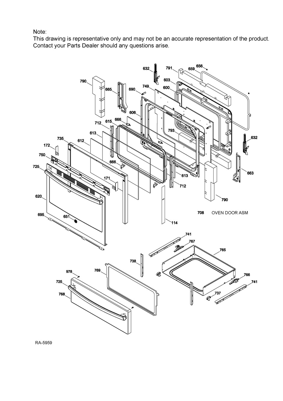 Door And Drawer Parts Diagram and Parts List for MBR12DGH1WW  General Electric Range