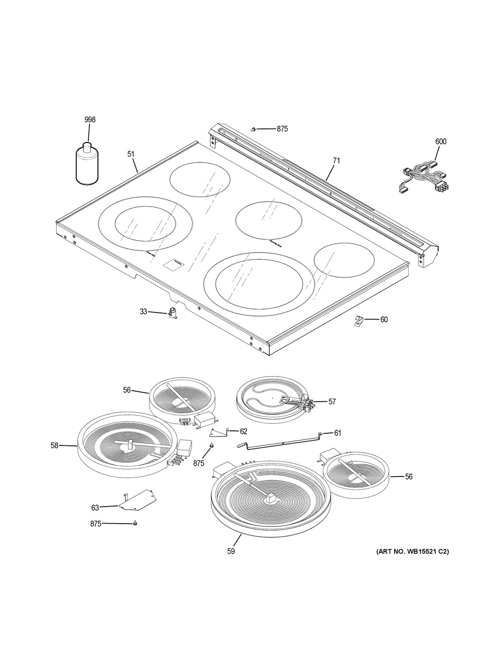 Cooktop Diagram and Parts List for JS660EL2ES  General Electric Range