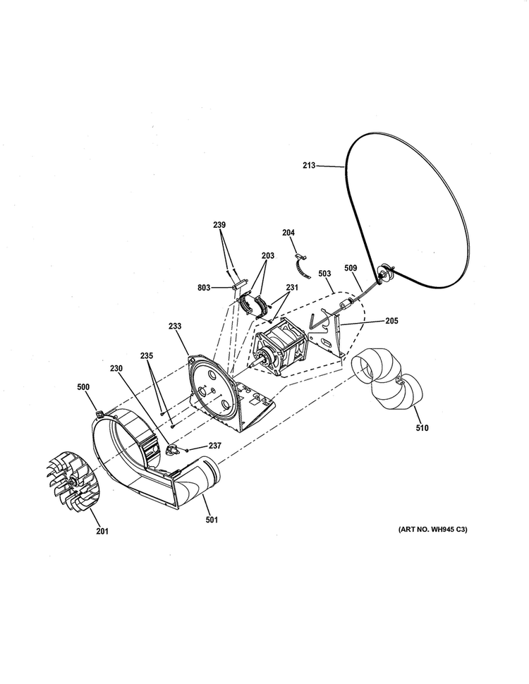 Blower/motor Diagram and Parts List for GTUP240EM4WW  General Electric Washer Dryer Combo
