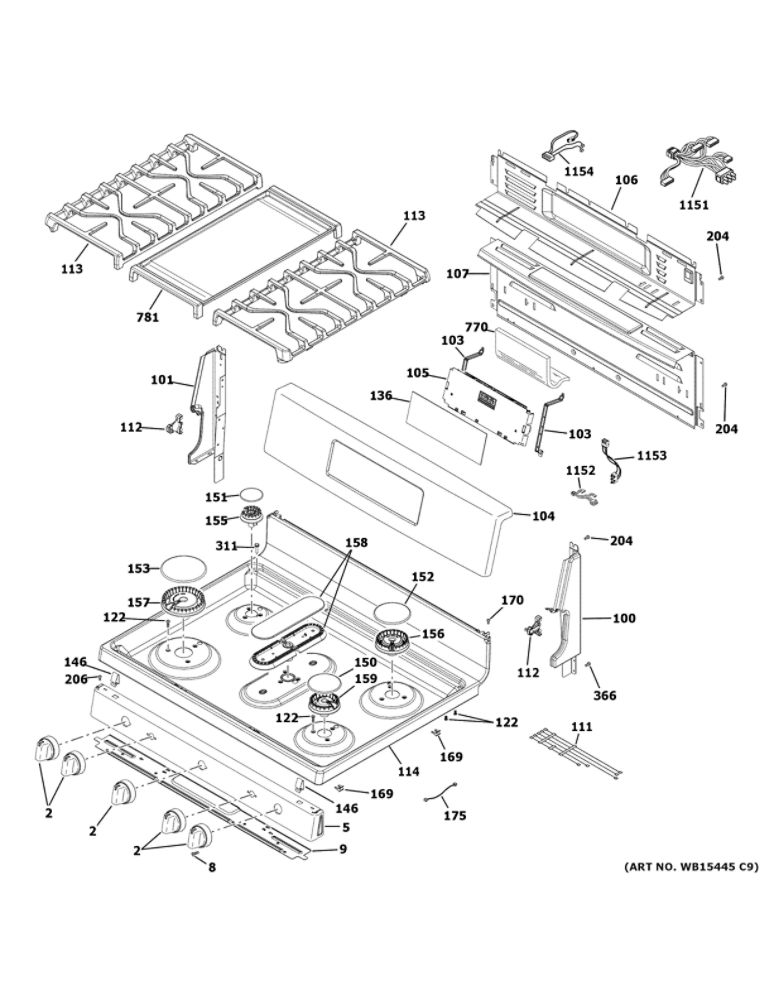 Control Panel And Cooktop Diagram and Parts List for JGB735DP1BB  General Electric Range
