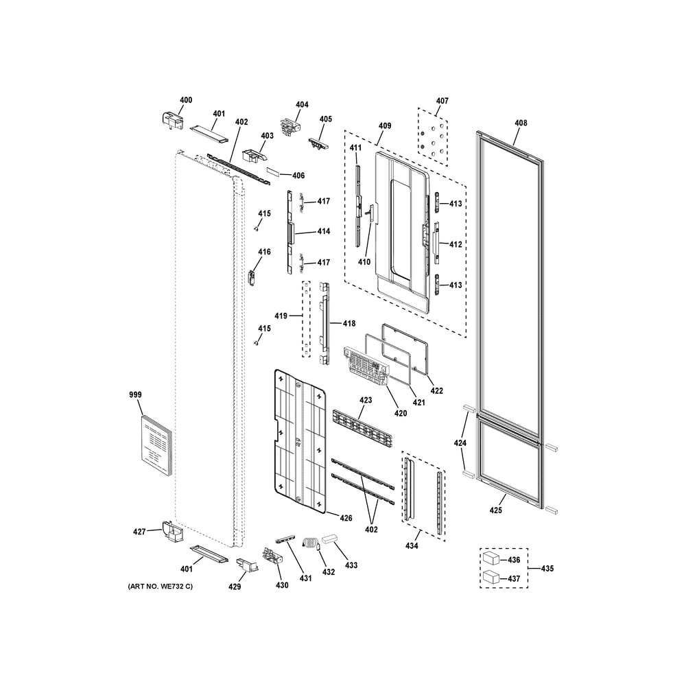 Door Assembly Diagram and Parts List for PFH18HSPV0MC  General Electric Dryer