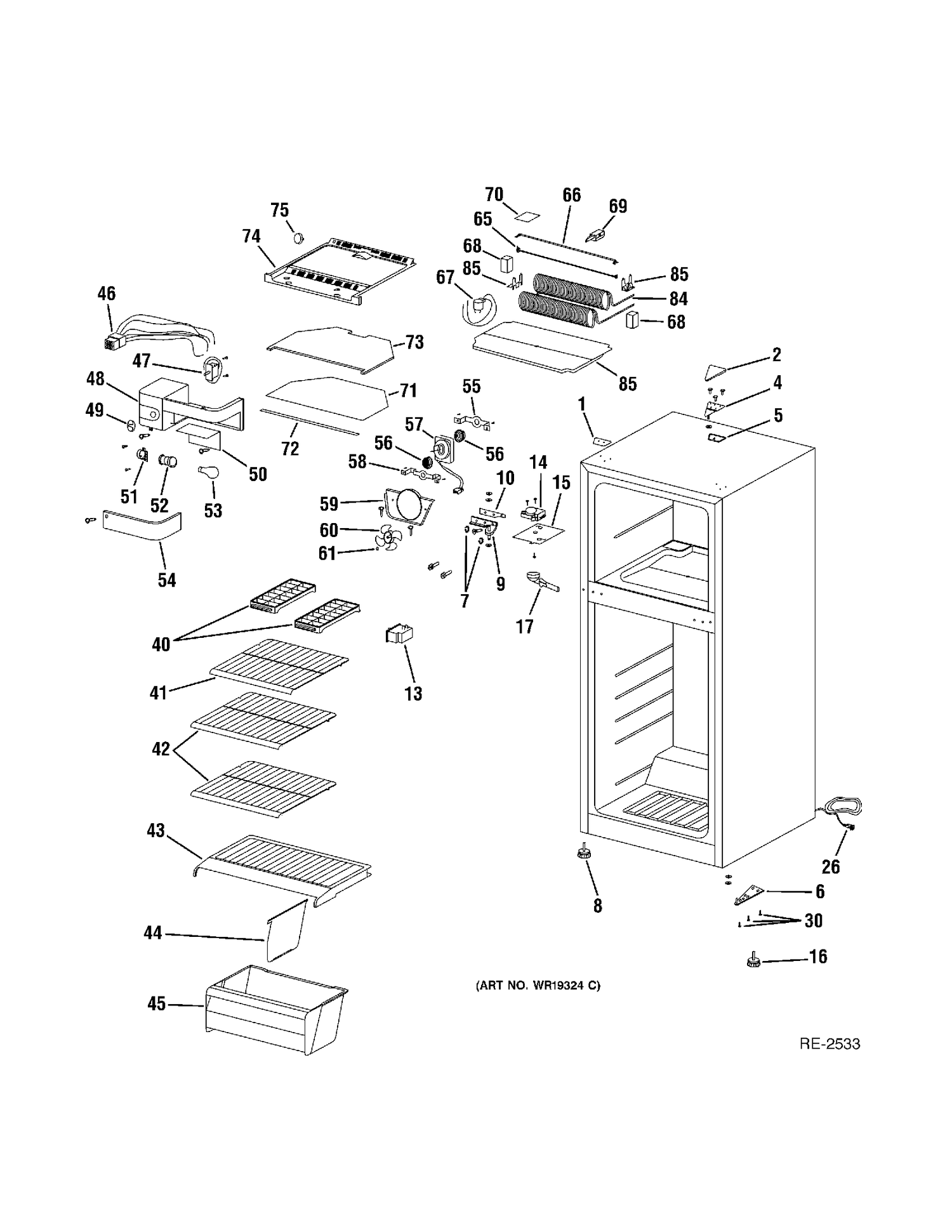 CABINET Diagram and Parts List for GTR11AAPRWWC  General Electric Refrigerator