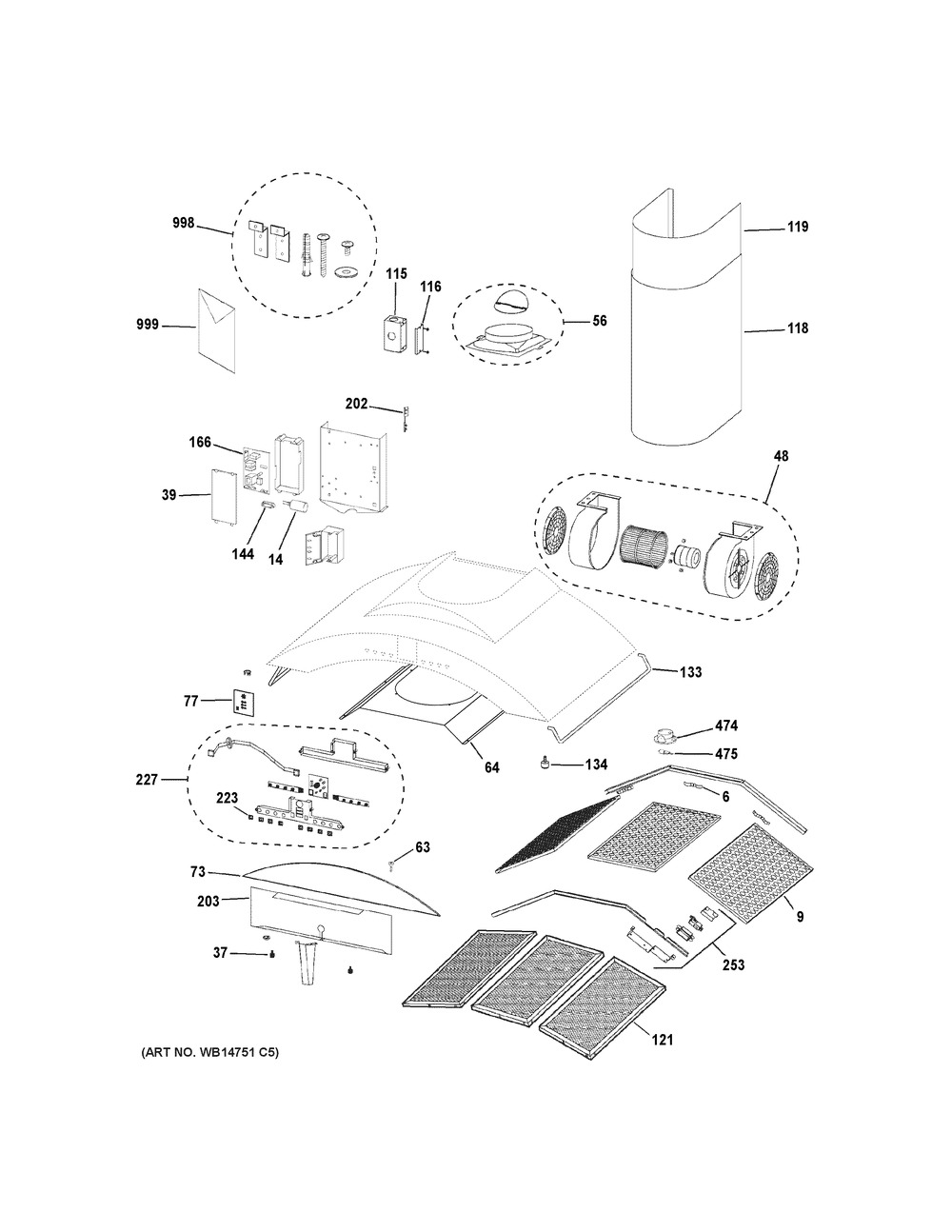 Range Hood Diagram and Parts List for ZV855SP3SS  General Electric Range Hood