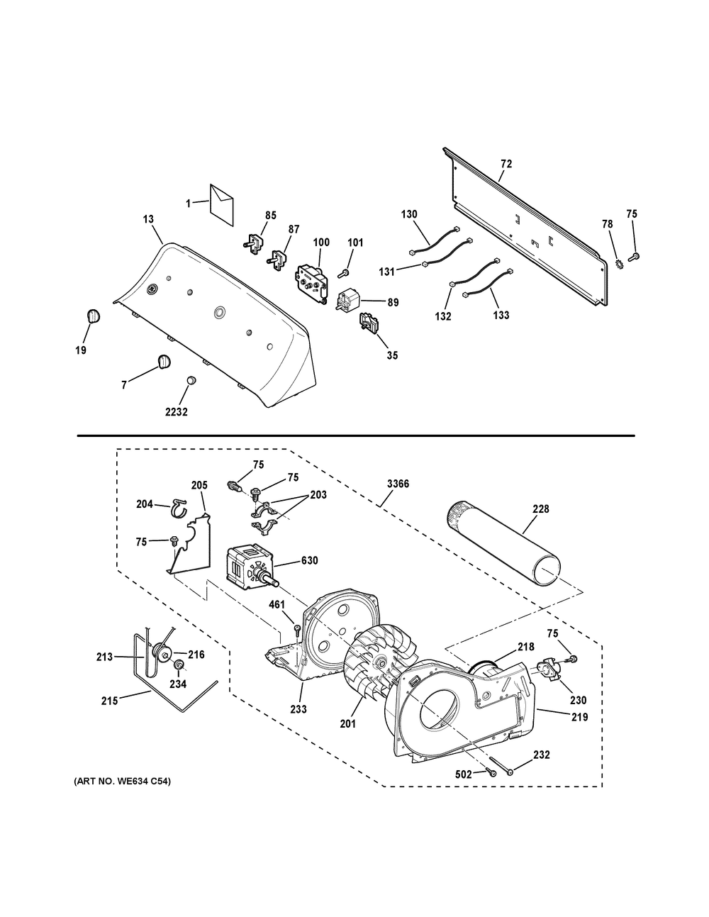 Backsplash, Blower And Motor Assembly Diagram and Parts List for GTD42EASJ3WW  General Electric Dryer