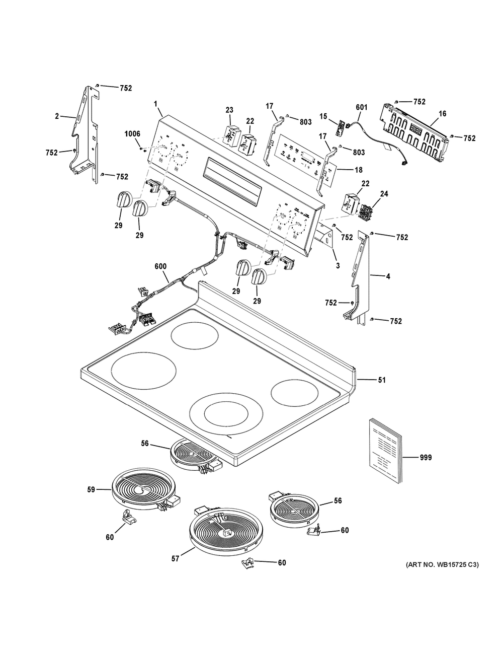 Control Panel And Cooktop Diagram and Parts List for GRF400PV1WW  General Electric Range