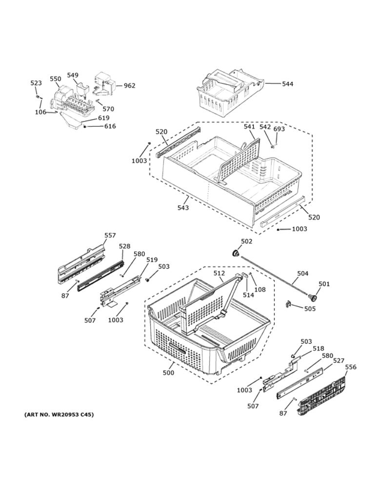 Freezer Shelves Diagram and Parts List for ZWE23PSNHSS  General Electric Refrigerator