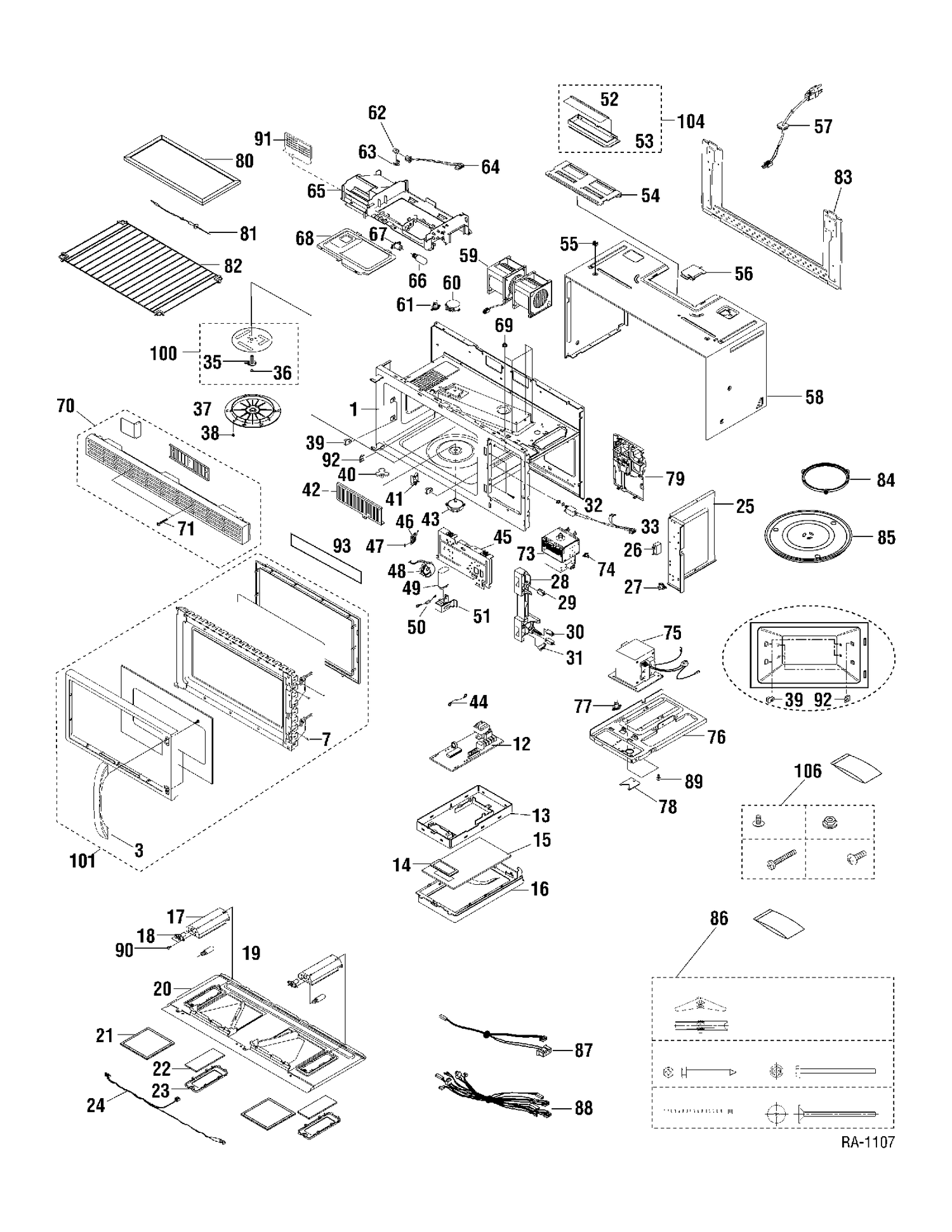 COMPLETE MICROWAVE Diagram and Parts List for JVM1429WAC04  General Electric Microwave