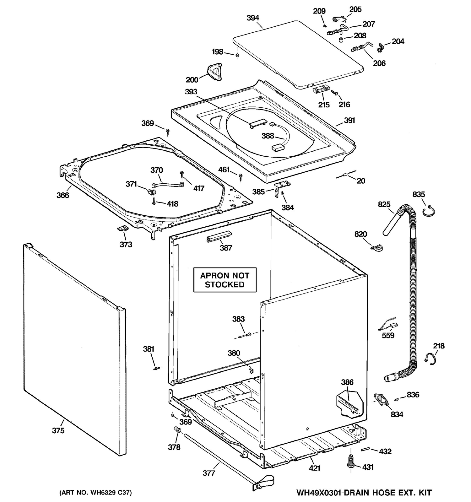 CABINET, COVER & TOP PANEL Diagram and Parts List for PTWN6050M1WT  General Electric Washer