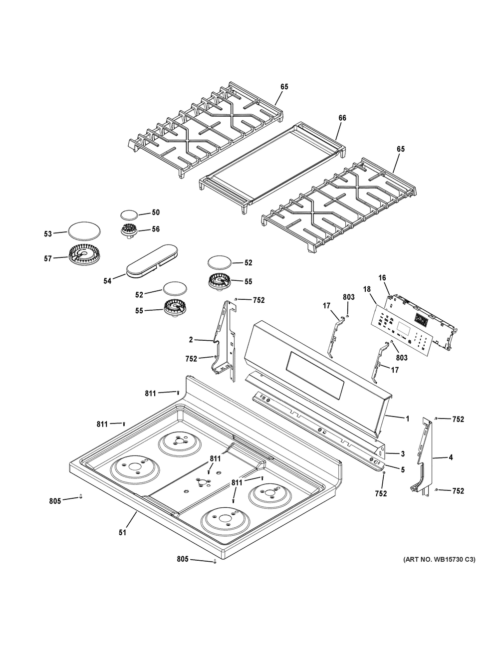 Control Panel And Cooktop Diagram and Parts List for GGF500PV1WW  General Electric Range
